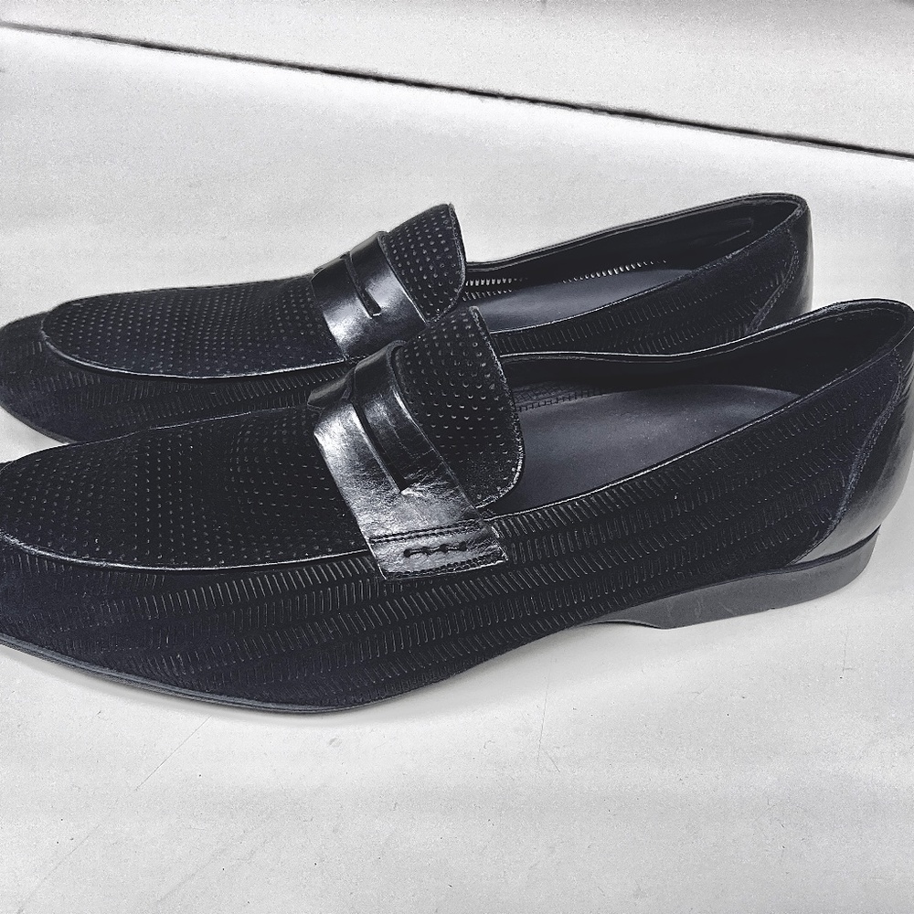 Mezlan "Rogier" 5890 Black Genuine Burnished Patterned Suede Penny Loafer 12D - Picture 7 of 12